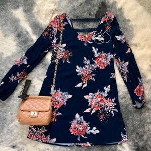 Navy floral print dress w/ lace back detail